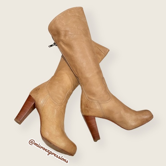 Frye Shoes - $399 Frye Miranda Back Zip Tan Distressed Heeled Fold Over Knee High Tall Boot